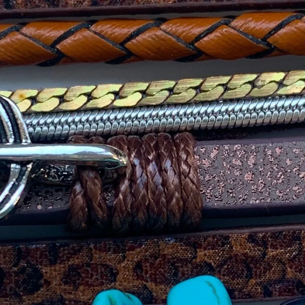 Western Multi-Strabd Cuff Brown Vegan Leather Bracelet Turquoise Accents